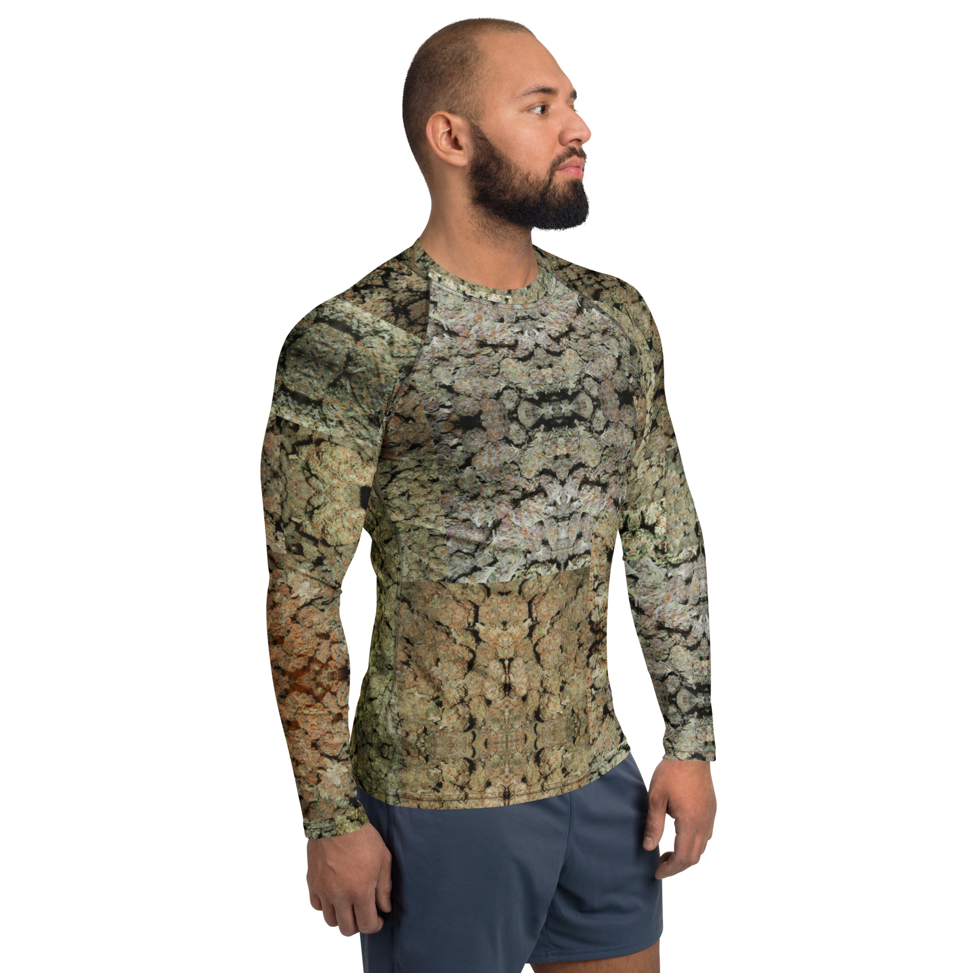 Men's NW Nugz “Green Buds” Stretchy Rash Guard. Photo-Mosaic Dried-Flower-Bud Art - Image 5