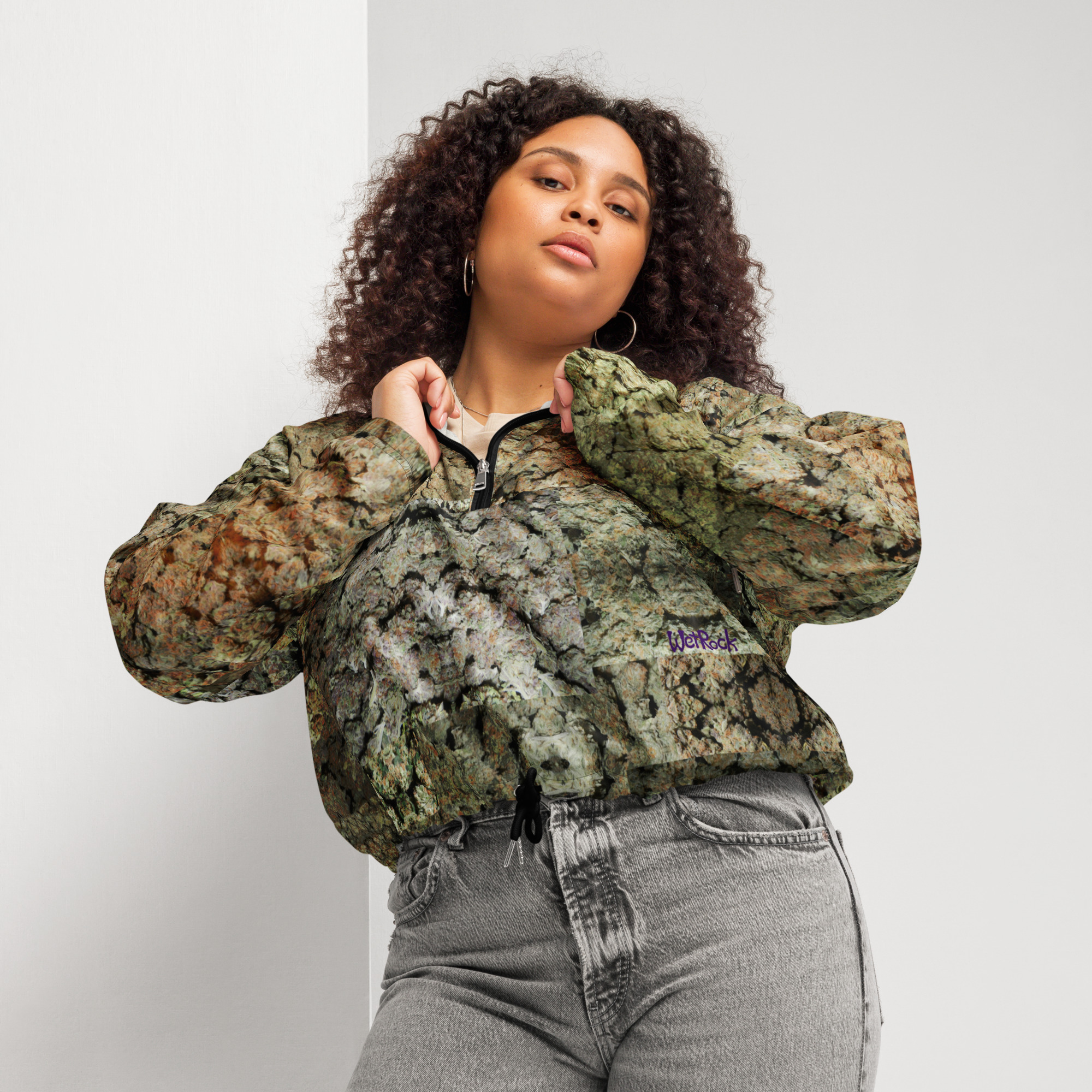 NW Nugz “Green Buds” Women’s cropped windbreaker. Photo-Mosaic Dried-Flower-Bud Art