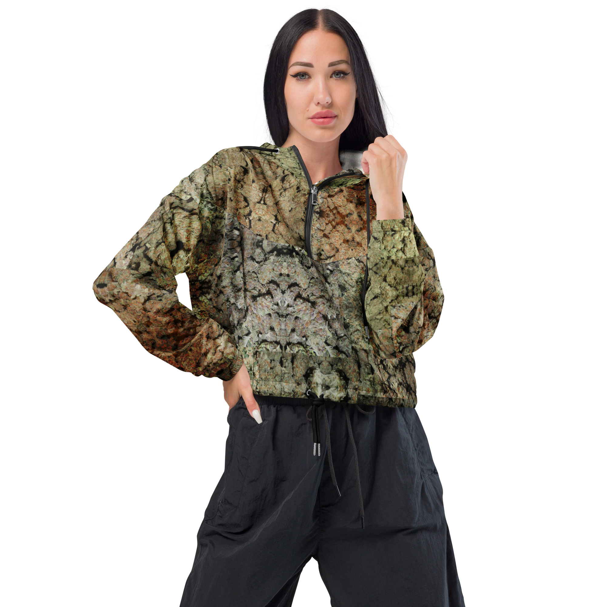 NW Nugz “Green Buds” Women’s cropped windbreaker. Photo-Mosaic Dried-Flower-Bud Art - Image 2