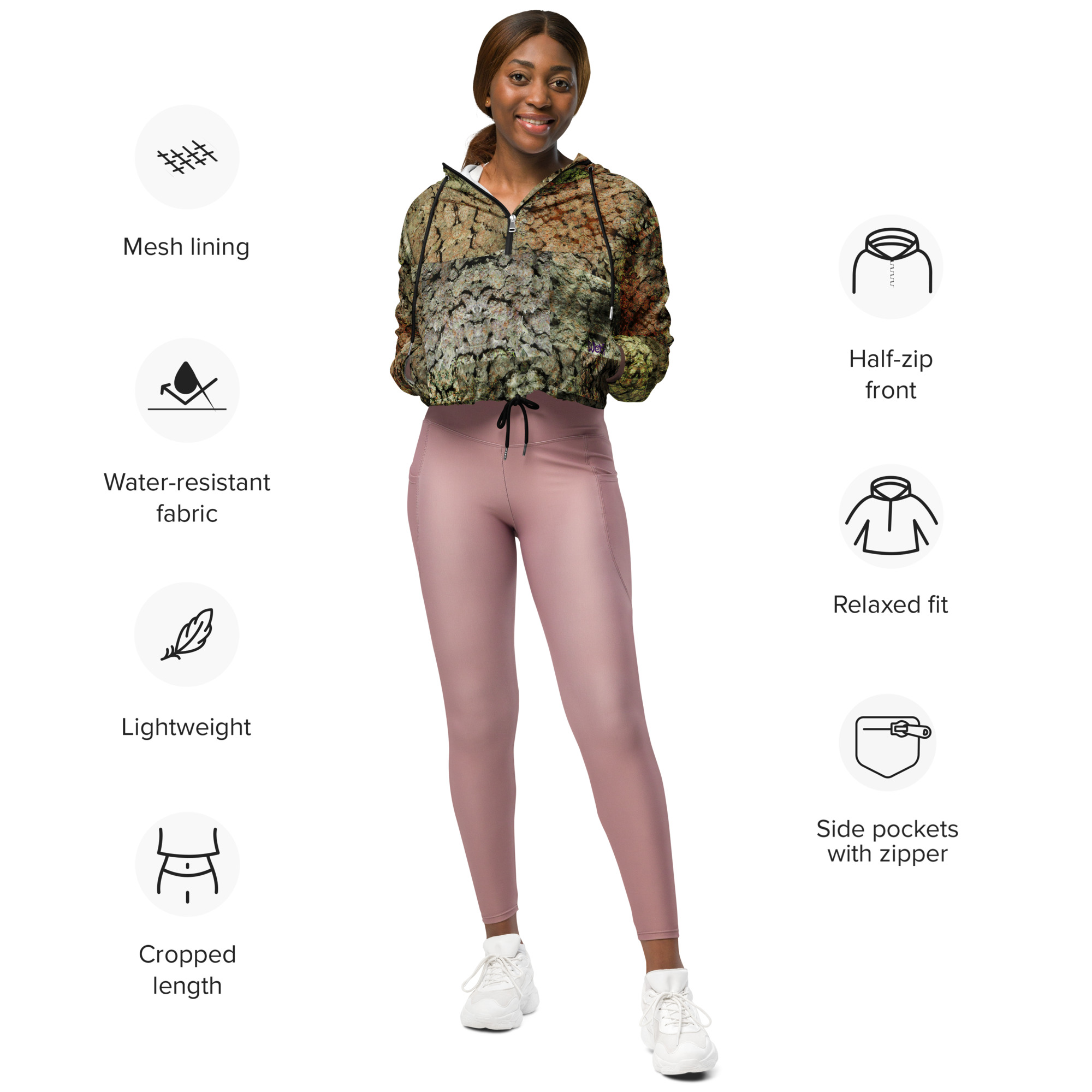 NW Nugz “Green Buds” Women’s cropped windbreaker. Photo-Mosaic Dried-Flower-Bud Art - Image 5