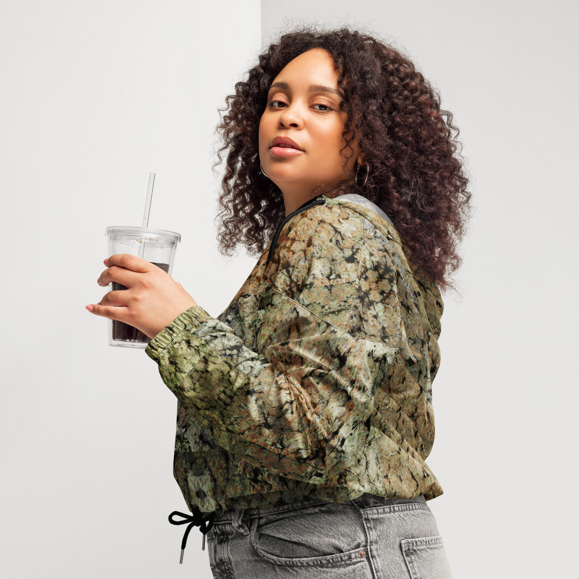 NW Nugz “Green Buds” Women’s cropped windbreaker. Photo-Mosaic Dried-Flower-Bud Art - Image 6