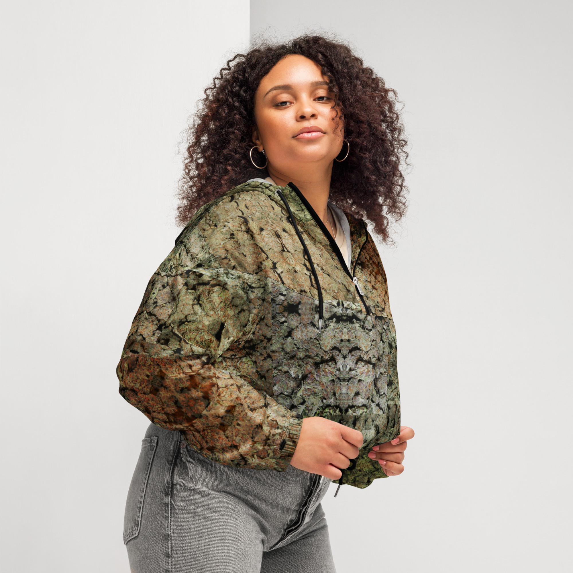 NW Nugz “Green Buds” Women’s cropped windbreaker. Photo-Mosaic Dried-Flower-Bud Art - Image 8