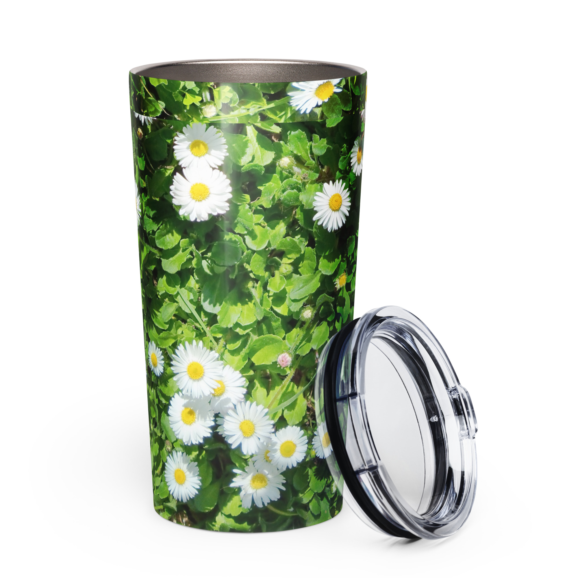Lawn Daisy Tapered stainless steel Vacuume-Insulated tumbler. Real lawn with real flowers :-) Green Flowery Drinkware - Image 4